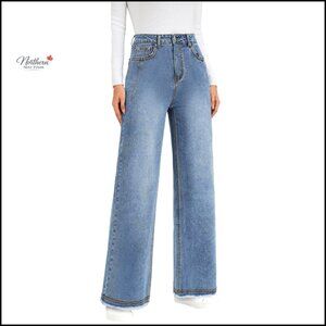 High Waisted Wide Leg Jeans with Raw Hem, Zip Front, 5 Pockets